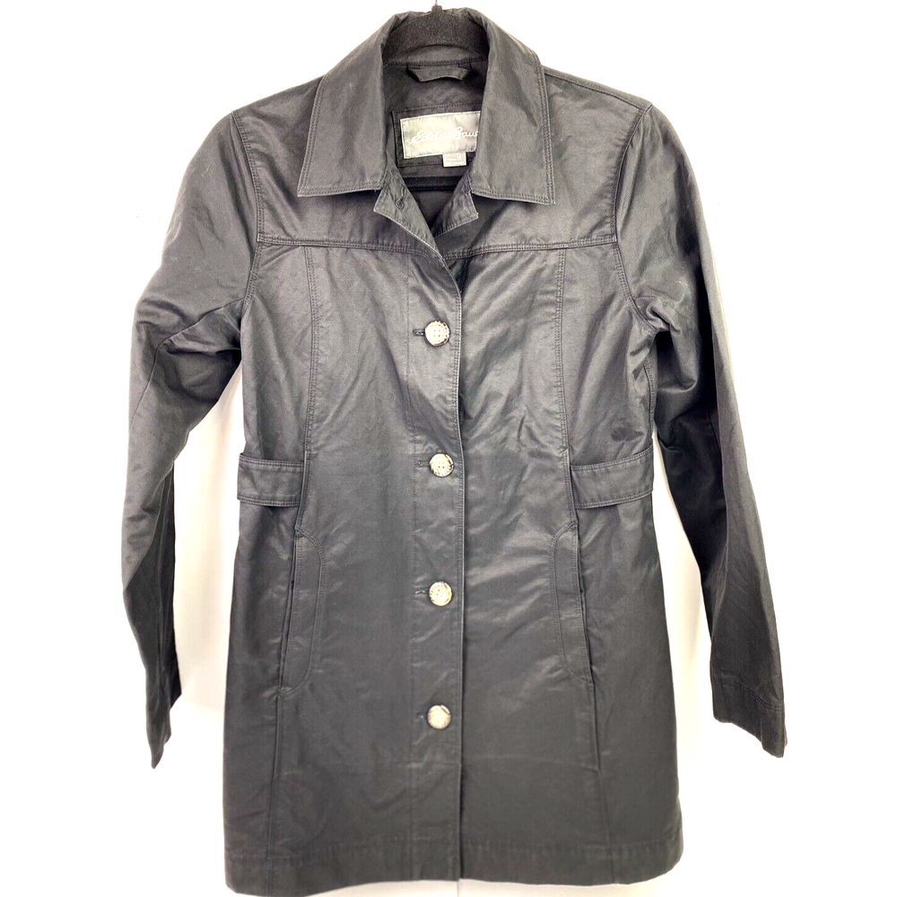 Eddie Bauer Women's XS Long Black Trench Style Raincoat Cotton Nylon